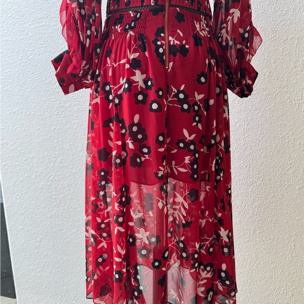Self-Portrait Romantic Floral Off-Shoulder Red Ruffle Tiered Midi Dress Size 4 - Picture 8 of 13